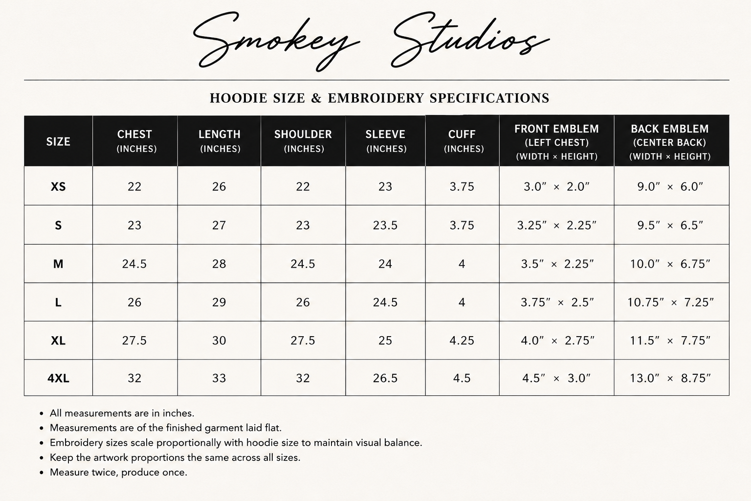 Hoodie size and embroidery specifications chart